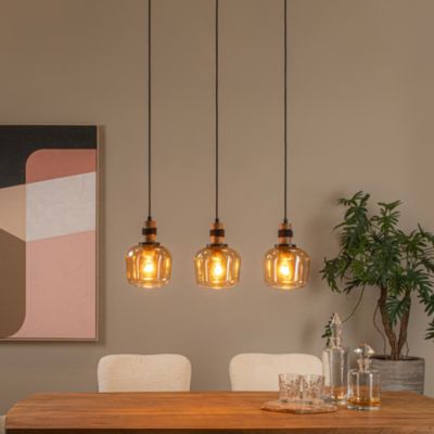 Suspension en verre 3 lampes E27 120W noir et ambre L.70 x l.18 x H.150 cm Lucide Ilona