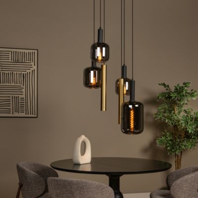 Suspension en verre 4 lampes E27 240 W noir et or Ø65 x H.150 cm Lucide Joanet tube