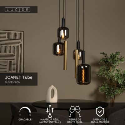 Suspension en verre 4 lampes E27 240 W noir et or Ø65 x H.150 cm Lucide Joanet tube