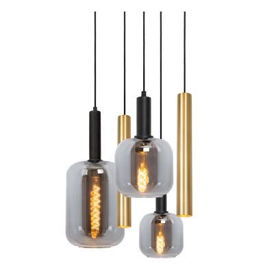 Suspension en verre 4 lampes E27 240 W noir et or Ø65 x H.150 cm Lucide Joanet tube