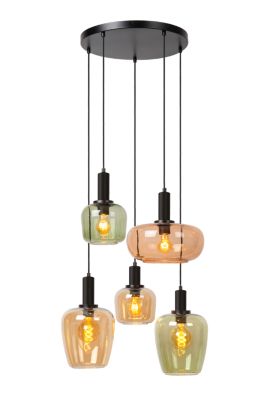 Suspension en verre 5 lampes ambré Ø65cm E27 40W Lucide, Ilona
