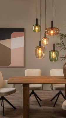 Suspension en verre 5 lampes ambré Ø65cm E27 40W Lucide, Ilona