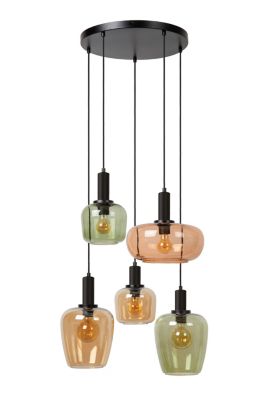 Suspension en verre 5 lampes ambré Ø65cm E27 40W Lucide, Ilona