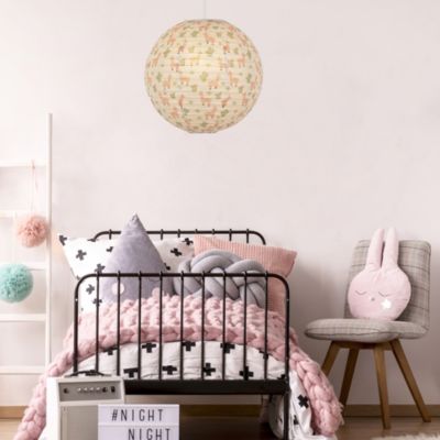 Suspension enfant boule japonaise en papier de riz imprimé lama E27 60W rose Ø40cm Corep