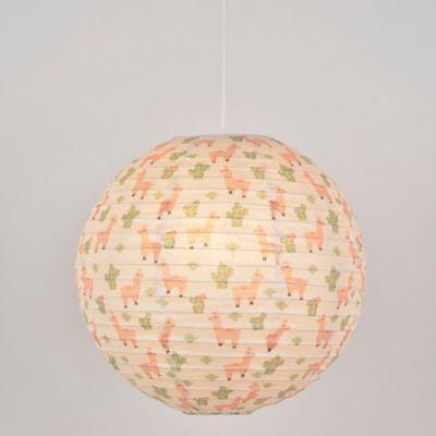 Suspension enfant boule japonaise en papier de riz imprimé lama E27 60W rose Ø40cm Corep