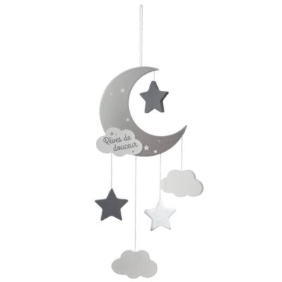 Suspension enfant "Lune" - bois et coton - gris - H46 - 5 cm - Atmosphera