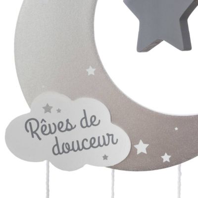 Suspension enfant "Lune" - bois et coton - gris - H46 - 5 cm - Atmosphera