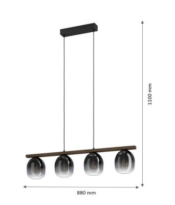 Suspension Filago 4 lumières E27 IP20 40W L.88xl.15xH.110cm noir et bois Eglo