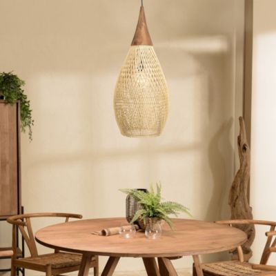 Suspension "goutte" 35x35cm rotin couleur naturelle et teck