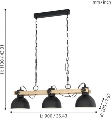 Suspension Lubenham 3 lumières E27 IP20 28W L.90xl.20xH.108,5cm noir Eglo