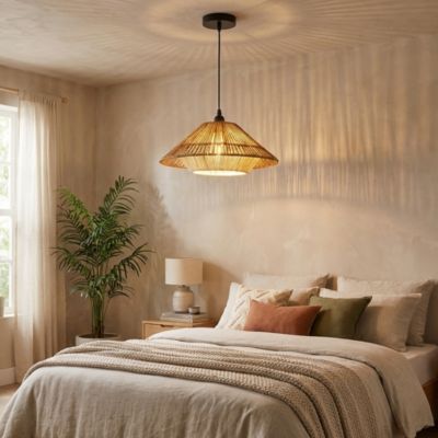 Suspension luminaire japonaise wabi-sabi en papier tressé artisanal marron beige D40 cm AKAR