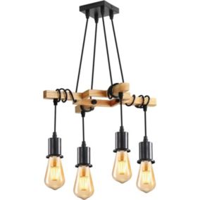 Suspension Luminaire Vintage Industriel Réglable en Bois E27, 4 Ampoules NON INCLUSES