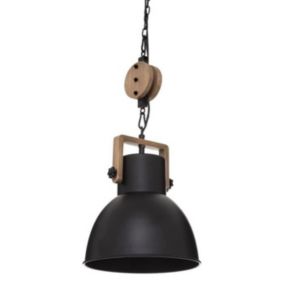 Suspension métal et bois Silas Atmosphera - Noir - Poulie en bois décorative - Douille E27