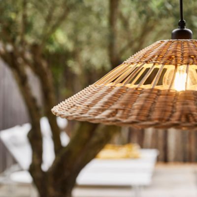 Suspension métal et rotin naturel E27 15W IP44 Esterel Ø56 x H.96 cm