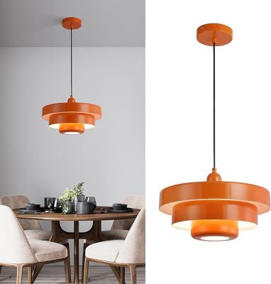 Suspension mid-century, métallique orange, 1 lumière, abat-jour à 3 couches HELIAS, E27, D350mm.