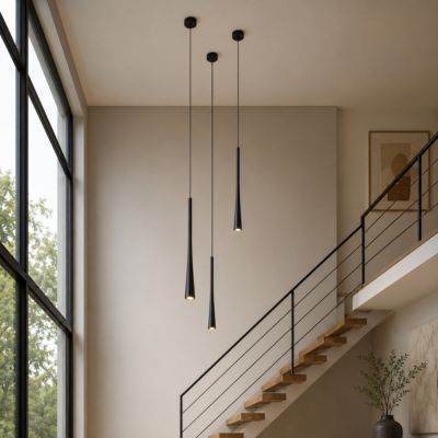 Suspension Moderne LED en Aluminium Noir avec Tube Long Minimaliste : pour Bar, Cuisine et Magasin. Driver LED KGP 7W