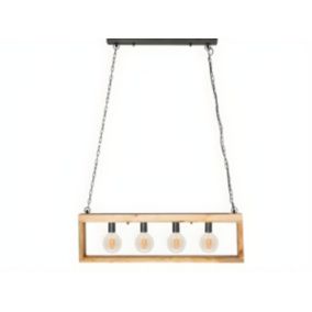 Suspension style industriel caisse rectangulaire en bois OLIUS - bois et métal -4 lampes - H. 31 x L.100 cm - naturel et noir