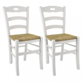 SUZY - Lot de 2 Chaises Laquées Blanc et Assises en Paille