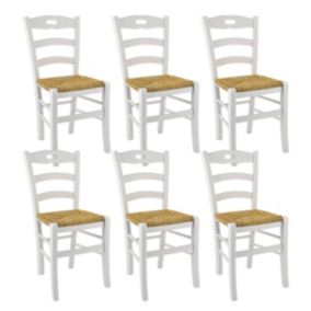 SUZY - Lot de 6 Chaises Laquées Blanc et Assises en Paille