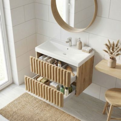 Ensemble Meuble Lavabo Salle De Bain Zurich II, Bois Zébré, Double Vasque, 150cm, Neuf