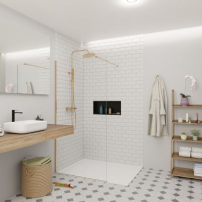 Swiss Aqua Technologies Walk-in 90x200cm Paroi en verre Crystal Glass 8 mm anticalcaire, avec bras et profilés Laiton