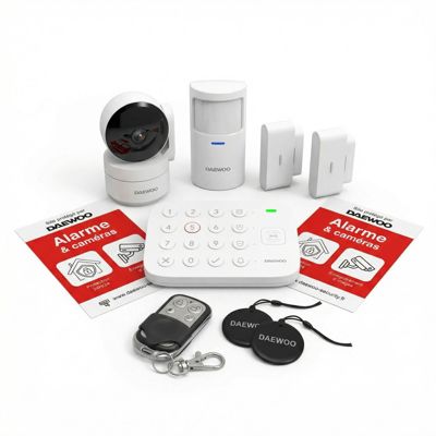 Système d'alarme connecté Sans Abonnement Daewoo Vigilia Wifi - 1 caméra + 6 accessoires - Batterie et sirène intégrées