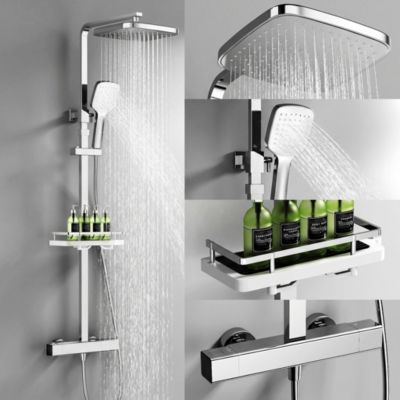 Système de Douche avec Thermostat et Tablette de Douche Chromée, Ensemble Complet de Robinetterie de Douche