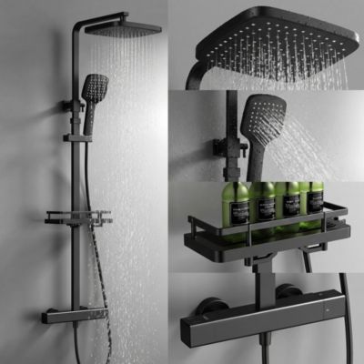 Système de Douche avec Thermostat et Tablette de Douche Noir - Ensemble Complet de Robinetterie de Douche