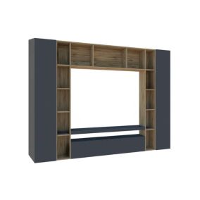 Système mural Austis, meuble TV 3 portes, Meuble de salon polyvalent, 100% Made in Italy, 270x35h210 cm, Anthracite et Chêne