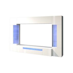 Système mural Clementino, meuble TV 6 portes, Meuble de salon polyvalent avec lumière LED, 290x40h191 cm, Blanc brillant