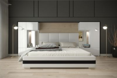 Tête de lit avec rangement Armoire - pont de lit PANAMA 1/21W/HG2 blanc/blanc brillant 345-385x159cm