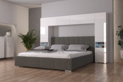 Tête de lit avec rangement Armoire - pont de lit PANAMA 12/HG/W/1-1A blanc/blanc brillant 256x184x35cm