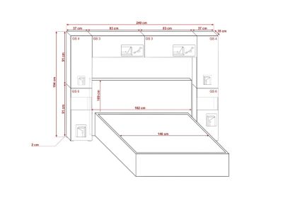 Tête de lit avec rangement Armoire - pont de lit PANAMA 12HG/W/2-1B blanc/blanc brillant 240x184x35cm