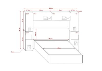 Tête de lit avec rangement Armoire - pont de lit PANAMA 12HG/W/2-1B blanc/blanc brillant 240x184x35cm