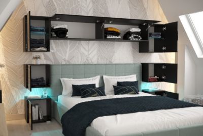 Tête de lit avec rangement Armoire - pont de lit PANAMA 13/HG/B/1-1B noir/noir brillant 240x182x35cm