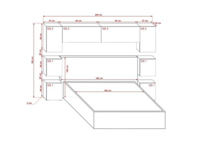 Tête de lit avec rangement Armoire - pont de lit PANAMA 13/HG/B/1-1B noir/noir brillant 240x182x35cm