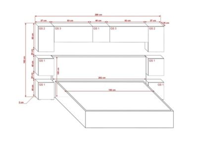 Tête de lit avec rangement Armoire - pont de lit PANAMA 13/HG/W/2-1C blanc/blanc brillant 280x182x35cm