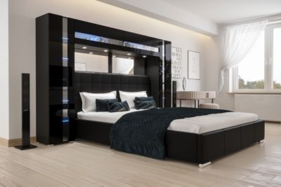 Tête de lit avec rangement Armoire - pont de lit PANAMA 14-HG-B-1-1A noir/noir brillant 256x184x35cm