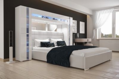 Tête de lit avec rangement Armoire - pont de lit PANAMA 14/HG/W/2-1A blanc/blanc brillant 256x184x35cm