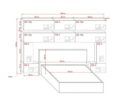 Tête de lit avec rangement Armoire - pont de lit PANAMA 5/HG/W/2-1C blanc/blanc brillant 300x214x35cm
