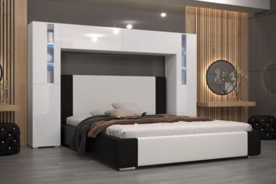 Tête de lit avec rangement Armoire - pont de lit PANAMA 8/21W/HG2-1B blanc/blanc brillant 240x184x35cm
