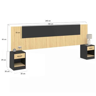 Tête de lit sur pied avec chevets modulables SAPA pour lit 140, 160 ou 180 cm bois et noir