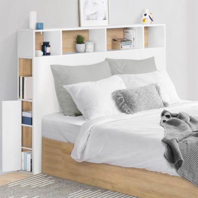 Tête de lit sur pied CLEO 165 cm avec rangements fermés et niches blanc et façon hêtre