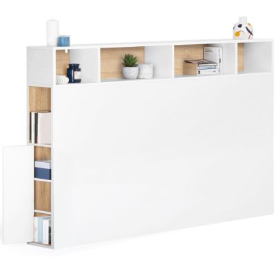 Tête de lit sur pied CLEO 165 cm avec rangements fermés et niches blanc et façon hêtre