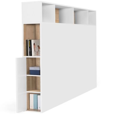 Tête de lit sur pied CLEO 165 cm avec rangements fermés et niches blanc et façon hêtre