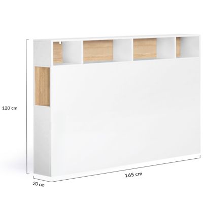Tête de lit sur pied CLEO 165 cm avec rangements fermés et niches blanc et façon hêtre