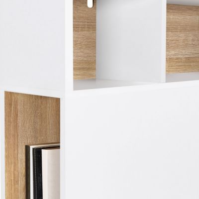 Tête de lit sur pied CLEO 165 cm avec rangements fermés et niches blanc et façon hêtre