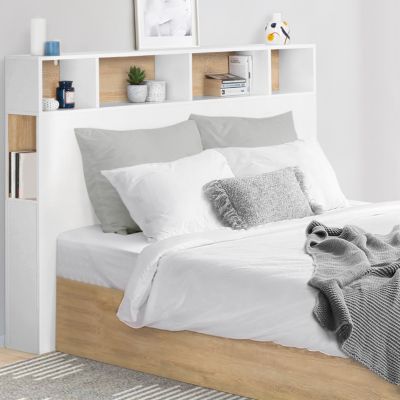 Tête de lit sur pied CLEO 165 cm avec rangements fermés et niches blanc et façon hêtre