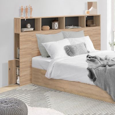Tête de lit sur pied CLEO 165 cm avec rangements fermés et niches façon hêtre et noir