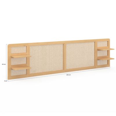 Tête de lit suspendue EDHEN 240 cm cannage et bois avec étagères